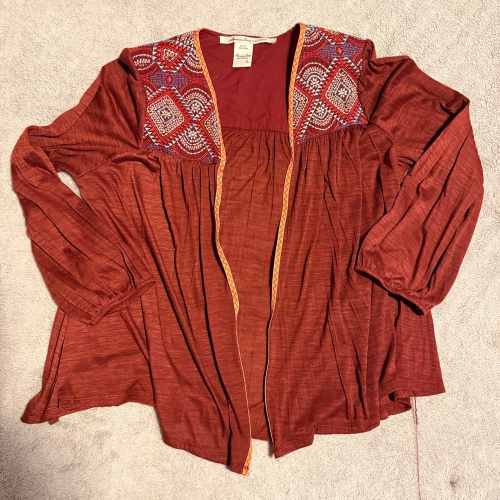 American Rag Women’s Open Front Blouse Size Large Embroidery Details Trim